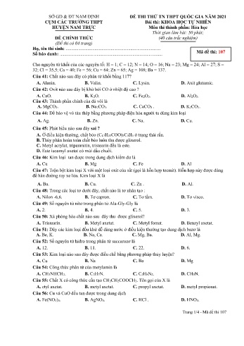 Đề thi thử Tốt nghiệp THPT môn Khoa học tự nhiên - Phần: Hóa học - Mã đề: 107 - Năm học 2021 - Sở GD&ĐT cụm các trường huyện Nam Trực