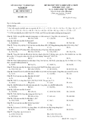 Đề thi thử Tốt nghiệp THPT môn Khoa học tự nhiên - Phần: Hóa học - Mã đề: 406 - Năm học 2022-2023 - Sở GD&ĐT Nam Định (Có đáp án)
