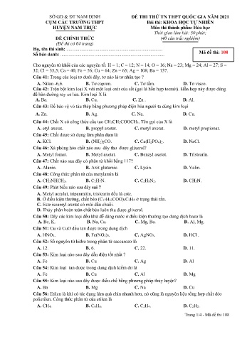 Đề thi thử Tốt nghiệp THPT môn Khoa học tự nhiên - Phần: Hóa học - Mã đề: 108 - Năm học 2021 - Sở GD&ĐT cụm các trường huyện Nam Trực