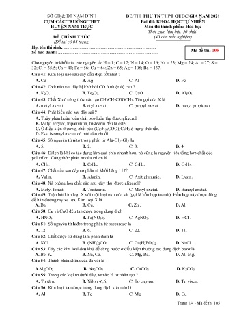 Đề thi thử Tốt nghiệp THPT môn Khoa học tự nhiên - Phần: Hóa học - Mã đề: 105 - Năm học 2021 - Sở GD&ĐT cụm các trường huyện Nam Trực