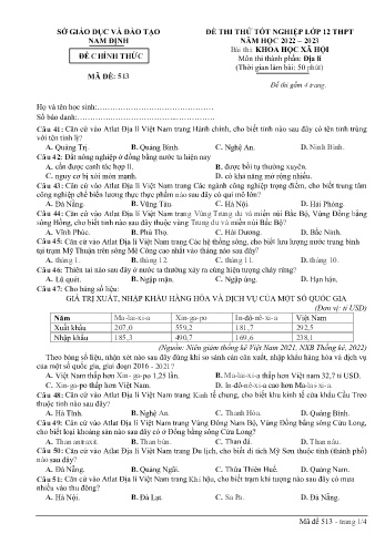 Đề thi thử Tốt nghiệp THPT môn Khoa học xã hội - Phần: Địa lí - Mã đề: 513 - Năm học 2022-2023 - Sở GD&ĐT Nam Định (Có đáp án)