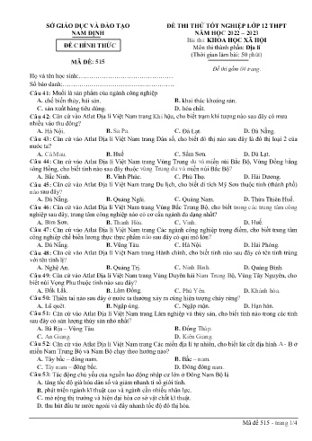 Đề thi thử Tốt nghiệp THPT môn Khoa học xã hội - Phần: Địa lí - Mã đề: 515 - Năm học 2022-2023 - Sở GD&ĐT Nam Định (Có đáp án)