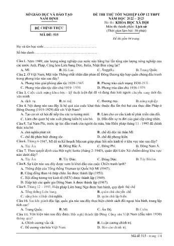 Đề thi thử Tốt nghiệp THPT môn Khoa học xã hội - Phần: Lịch sử - Mã đề: 515 - Năm học 2022-2023 - Sở GD&ĐT Nam Định (Có đáp án)