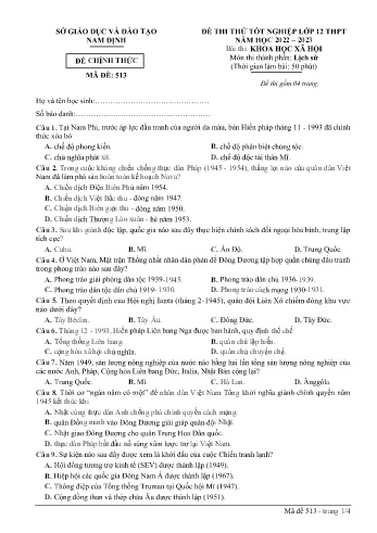 Đề thi thử Tốt nghiệp THPT môn Khoa học xã hội - Phần: Lịch sử - Mã đề: 513 - Năm học 2022-2023 - Sở GD&ĐT Nam Định (Có đáp án)