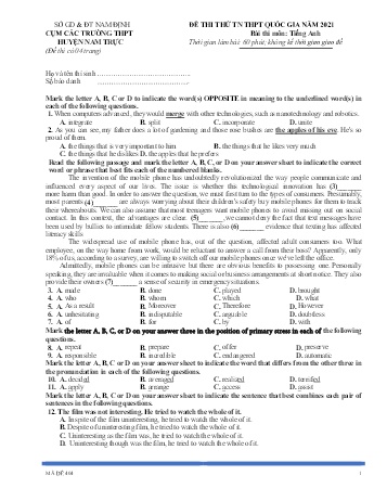 Đề thi thử Tốt nghiệp THPT môn Tiếng Anh - Mã đề: 404 - Năm học 2021 - Sở GD&ĐT cụm các trường huyện Nam Trực (Có đáp án)