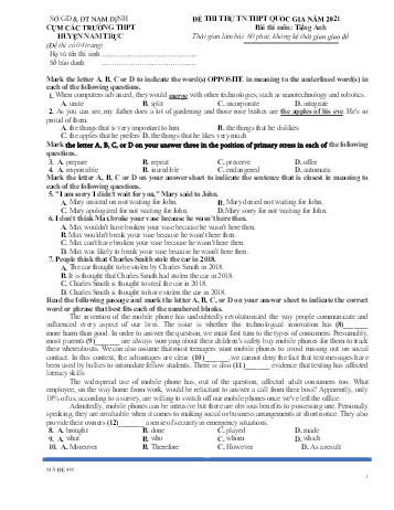 Đề thi thử Tốt nghiệp THPT môn Tiếng Anh - Mã đề: 405 - Năm học 2021 - Sở GD&ĐT cụm các trường huyện Nam Trực (Có đáp án)