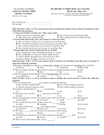 Đề thi thử Tốt nghiệp THPT môn Tiếng Anh - Mã đề: 406 - Năm học 2021 - Sở GD&ĐT cụm các trường huyện Nam Trực (Có đáp án)