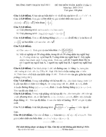 Đề thi Toán Lớp 12 (Lần 1) - Năm học 2015-2016 - Trường THPT Thạch Thành I (Có đáp án)