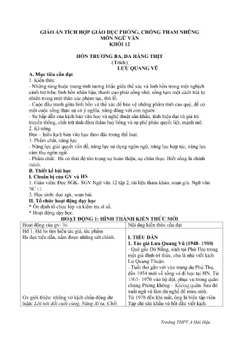 Giáo án tích hợp Ngữ văn Lớp 12 - Văn bản "Hồn Trương Ba, da hàng thịt" - Trường THPT A Hải Hậu