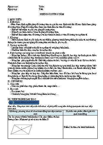 Kế hoạch bài dạy Hình học Lớp 11 - Bài 3: Phép đối xứng tâm - Trường THPT Đoàn Kết