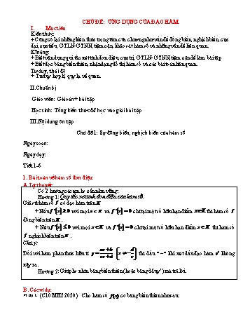 Kế hoạch bài dạy Hình học Lớp 12 - Ôn tập: Ứng dụng của đạo hàm - Trường THPT Đoàn Kết Kế hoạch bài dạy Hình học Lớp 12 - Ôn tập: Ứng dụng của đạo hàm - Trường THPT Đoàn Kết