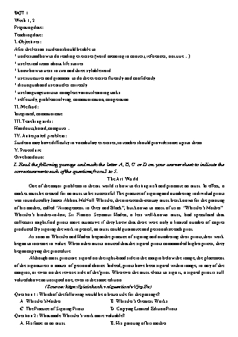 Kế hoạch bài dạy thêm Tiếng Anh Lớp 12 - Trường THPT Đoàn Kết