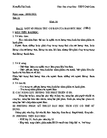 Kế hoạch bài dạy tích hợp Giáo dục công dân Lớp 10 - Bài 11: Một số phạm trù cơ bản của đạo đức học - Nguyễn Thị Oanh