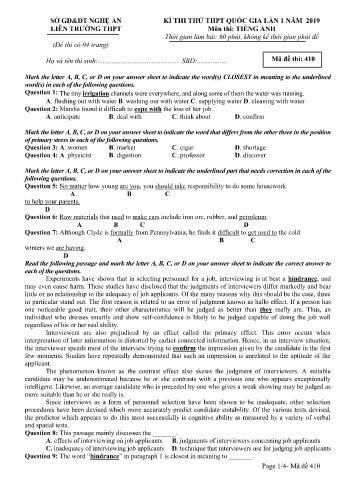 Kì thi thử THPT Quốc Gia môn Tiếng Anh (Lần 1) - Mã đề: 410 - Năm học 2019 - Sở GD&ĐT Nghệ An