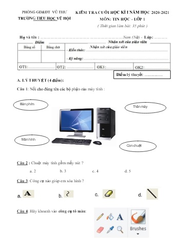 Kiểm tra cuối học kì 1 Tin học Lớp 1 - Năm học 2020-2021 - Trường Tiểu học Vũ Hội (Có đáp án và biểu điểm)