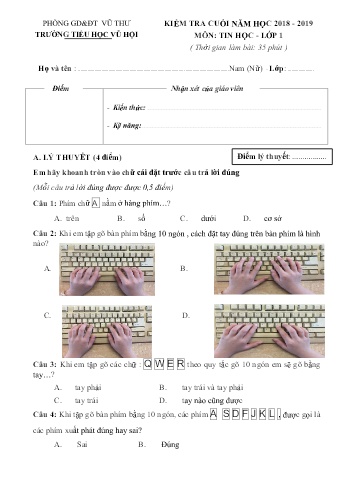 Kiểm tra cuối năm Tin học Lớp 1 - Năm học 2018-2019 - Trường Tiểu học Vũ Hội (Có đáp án và biểu điểm)