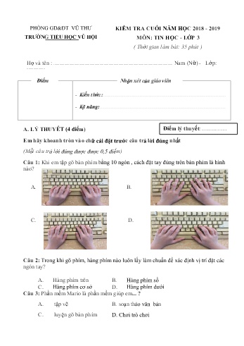 Kiểm tra cuối năm Tin học Lớp 3 - Năm học 2018-2019 - Trường Tiểu học Vũ Hội (Có đáp án và biểu điểm)