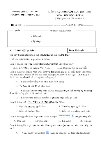Kiểm tra cuối năm Tin học Lớp 4 - Năm học 2018-2019 - Trường Tiểu học Vũ Hội (Có đáp án và biểu điểm)