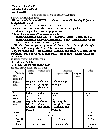 Kiểm tra định kì Ngữ văn Lớp 11 - Bài viết số 5: Nghị Luận văn học - Trần Thị Huệ