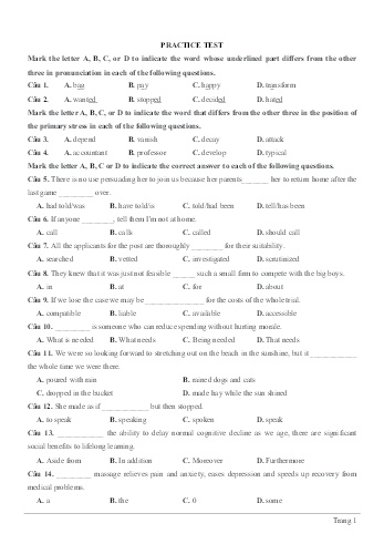 Kỳ thi khảo sát chất lượng Tiếng Anh Lớp 12 (Lần 1) - Đề 3 - Năm học 2019-2020 - Trường THPT Phan Đình Phùng (Có đáp án)
