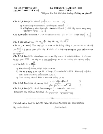 Kỳ thi khảo sát chất lượng Toán Lớp 12 - Năm học 2015-2016 - Trường THPT Yên Mỹ (Có đáp án)