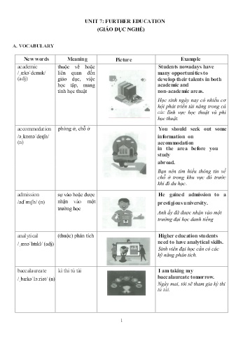 Ôn tập Tiếng Anh Lớp 11 - Unit 7: Further education