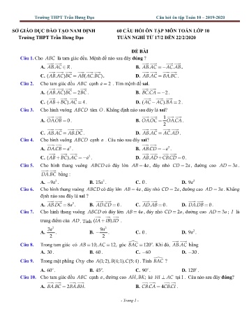 60 Câu hỏi ôn tập Toán Lớp 10 - Trường THPT Trần Hưng Đạo
