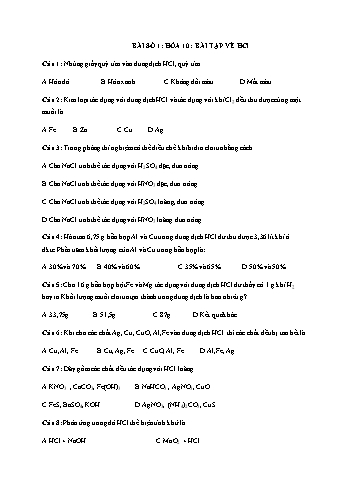Bài luyện tập Hóa học Lớp 10 - Bài số 1: HCl - Trường THPT Vũ Văn Hiếu
