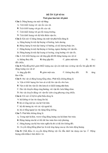 Bài luyện tập Vật lí Lớp 10 - Đề số 4 - Trường THPT Vũ Văn Hiếu