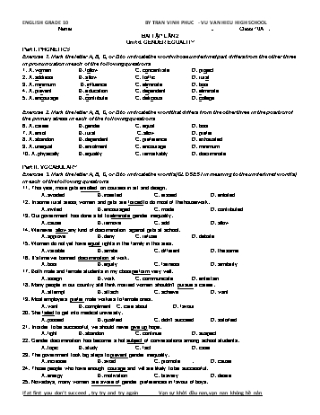 Bài tập Tiếng Anh Lớp 10 (Lần 2) - Unit 6: Gender equality - Trường THPT Vũ Văn Hiếu