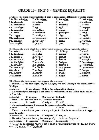 Bài tập Tiếng Anh Lớp 10 - Unit 6: Gender equality - Trường THPT Vũ Văn Hiếu