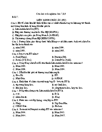 Câu hỏi trắc nghiệm Địa lí Lớp 11 - Bài 7: Liên minh Châu Âu (EU)