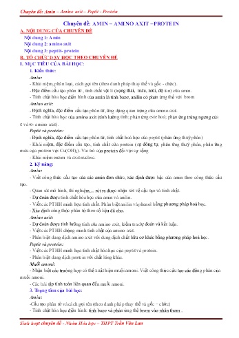Chuyên đề Hóa học Lớp 12 - Amin. Amino axit. Peptit. Protein - Trường THPT Trần Văn Lan