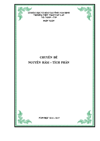 Chuyên đề Toán Lớp 12 - Nguyên hàm. Tích phân - Trường THPT Trần Văn Lan