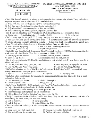 Đề khảo sát chất lượng cuối học kì 2 Lịch sử Lớp 12 - Mã đề: LS 005 - Năm học 2019-2020 - Trường THPT Trần Văn Lan