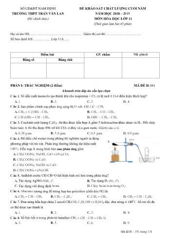 Đề khảo sát chất lượng cuối năm Hóa học Lớp 11 - Năm học 2018-2019 - Trường THPT Trần Văn Lan