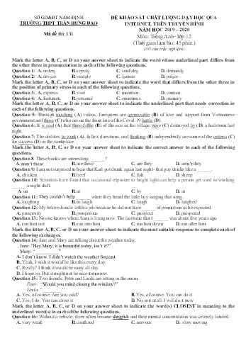 Đề khảo sát chất lượng dạy học qua truyền hình Tiếng Anh Lớp 12 - Mã đề: 131 - Trường THPT Trần Hưng Đạo