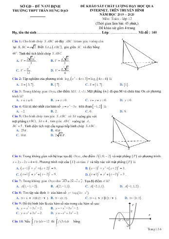Đề khảo sát chất lượng dạy học qua truyền hình Toán Lớp 12 - Trường THPT Trần Hưng Đạo