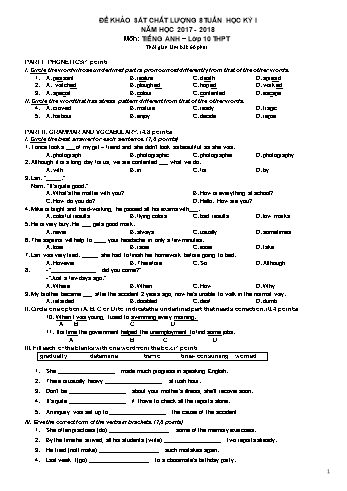 Đề khảo sát chất lượng giữa học kì 1 Tiếng Anh Lớp 10 - Mã đề: 196 - Năm học 2017-2018 - Trường THPT Trực Ninh