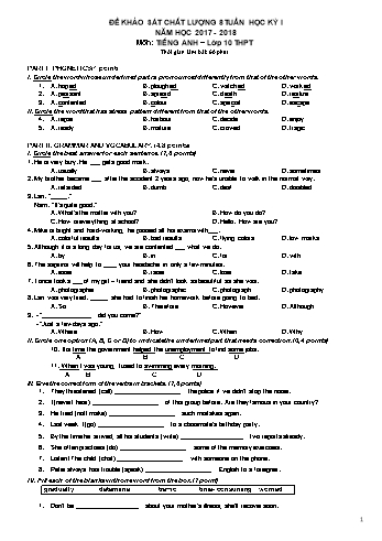 Đề khảo sát chất lượng giữa học kì 1 Tiếng Anh Lớp 10 - Mã đề: 197 - Năm học 2017-2018 - Trường THPT Trực Ninh
