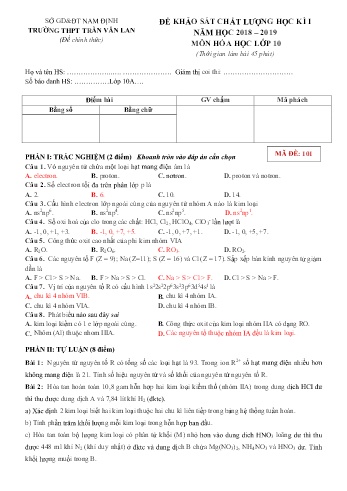Đề khảo sát chất lượng học kì 1 Hóa học Lớp 10 - Năm học 2018-2019 - Trường THPT Trần Văn Lan (Có đáp án)