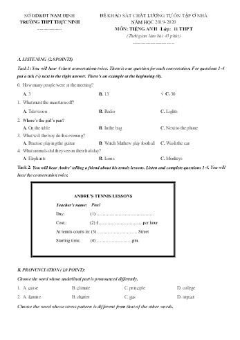 Đề khảo sát chất lượng tự ôn tập ở nhà Tiếng Anh Lớp 11 - Năm học 2019-2020 - Trường THPT Trực Ninh
