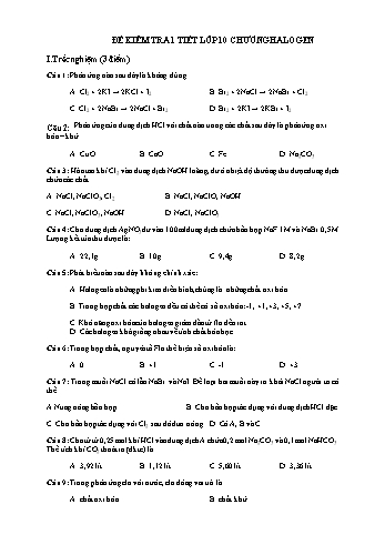 Đề kiểm tra 45 phút Hóa học Lớp 10 - Halogen - Trường THPT Vũ Văn Hiếu