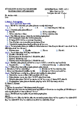 Đề kiểm tra 45 phút Sinh học Lớp 10 - Đề số 2 - Trường THPT Vũ Văn Hiếu (Có đáp án)