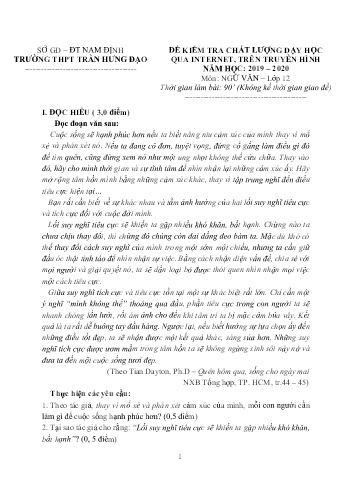 Đề kiểm tra chất lượng dạy học truyền hình Ngữ văn Lớp 12 - Trường THPT Trần Hưng Đạo