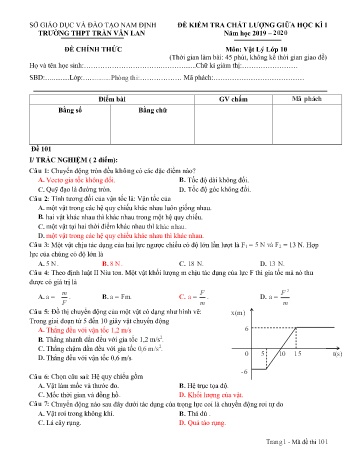 Đề kiểm tra chất lượng giữa học kì 1 Vật lí Lớp 10 - Năm học 2019-2020 - Trường THPT Trần Văn Lan