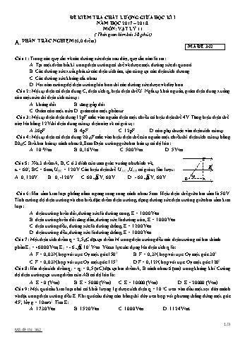 Đề kiểm tra chất lượng giữa học kì 1 Vật lí Lớp 11 - Mã đề: 362 - Năm học 2017-2018 - Trường THPT Trực Ninh