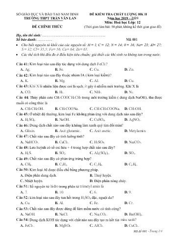 Đề kiểm tra chất lượng học kì 2 Hóa học Lớp 12 - Mã đề: 001 - Năm học 2019-2020 - Trường THPT Trần Văn Lan