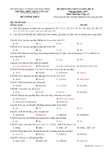 Đề kiểm tra chất lượng học kì 2 Hóa học Lớp 12 - Mã đề: 002 - Năm học 2019-2020 - Trường THPT Trần Văn Lan (Có đáp án)