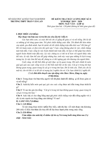 Đề kiểm tra chất lượng học kì 2 Ngữ văn Lớp 12 - Năm học 2019-2020 - Trường THPT Trần Văn Lan